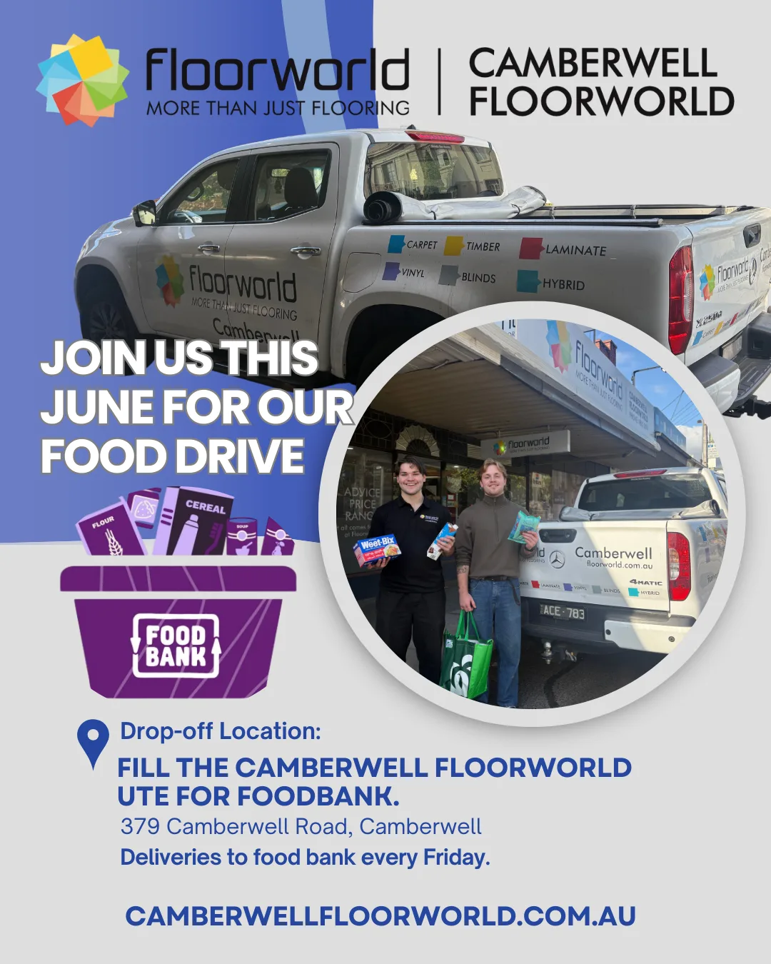 Camberwell Floorworld team loading donations for the Foodbank Victoria food drive