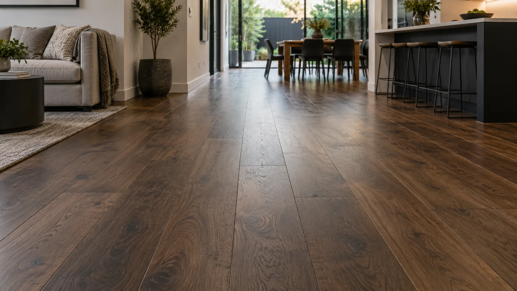 Wide-plank timber-look flooring in a bright Melbourne living room