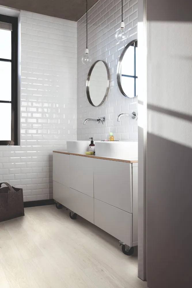 Light oak flooring in a bathroom with subway tiles, Camberwell Floorworld